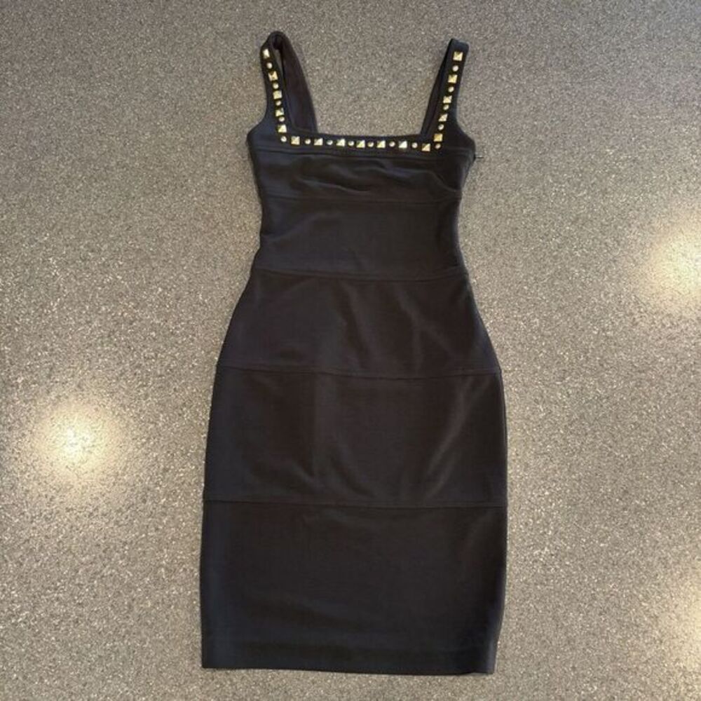 Vintage Cache Black Bandage Dress Studded Square Neck Dress Size 2‎ Made In USA